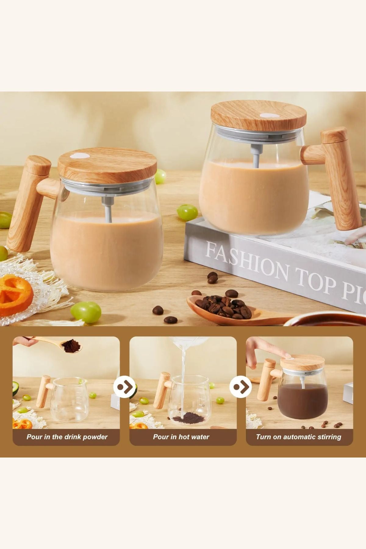 كوب تحريك أوتوماتيكي بتصميم خشبي أنيق