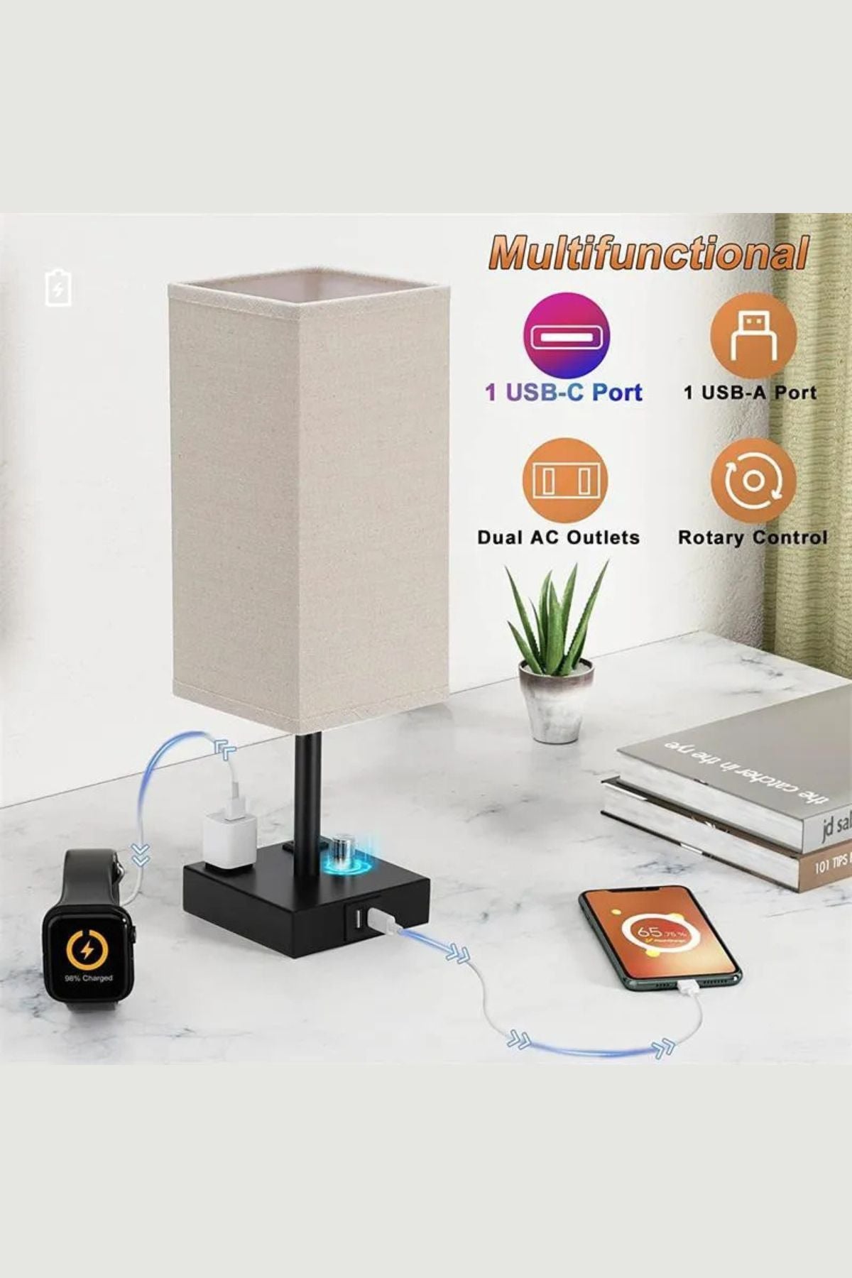 USBمصباح طاولة ذكي باضاءة قابلة للتعديل ومنفذ شحن